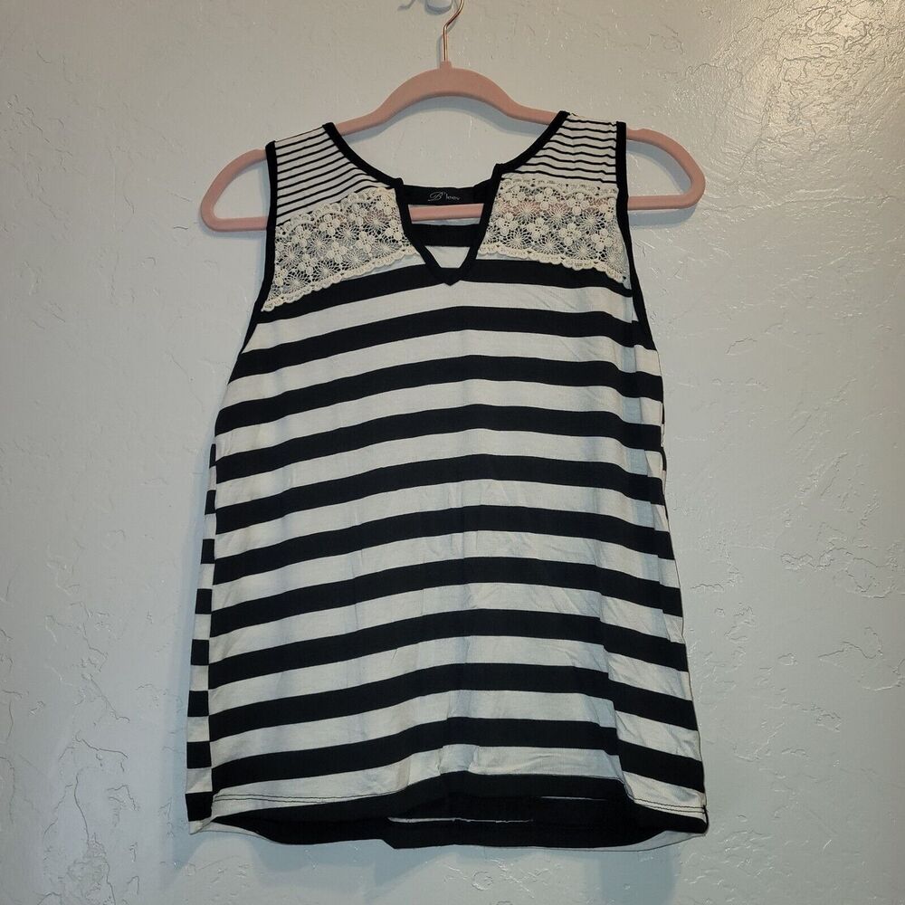 B'Leev Womens S Sleeveless Tank Top Striped V-Neck Shirt Black White Lace Casual